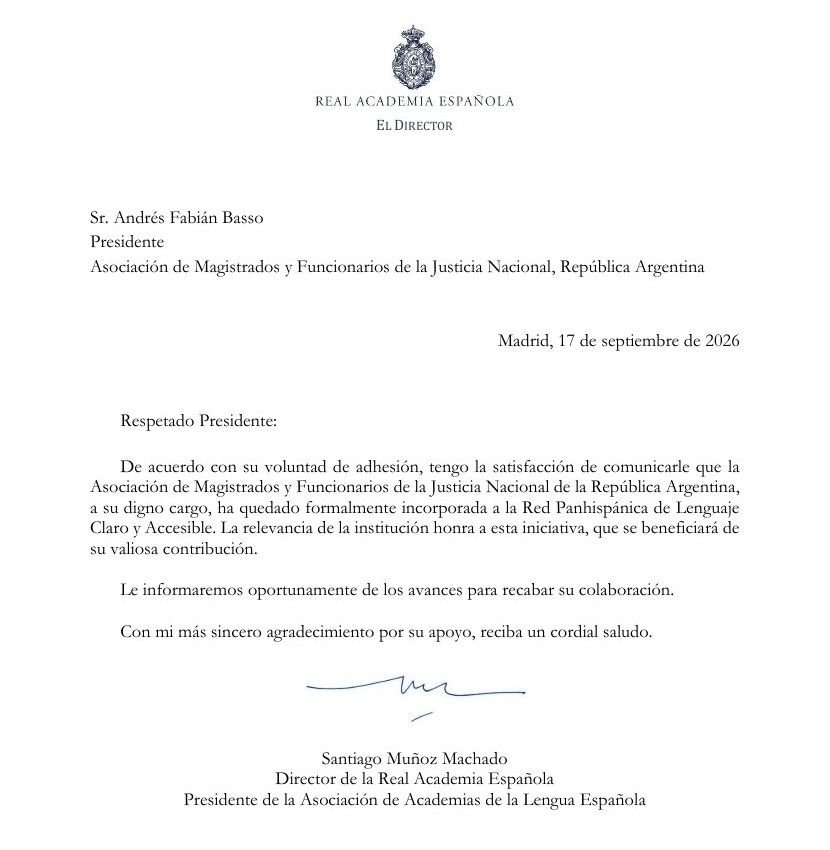 Carta del director de la Real Academia Española al presidente de la AMFJN confirmando la incorporación a la Red